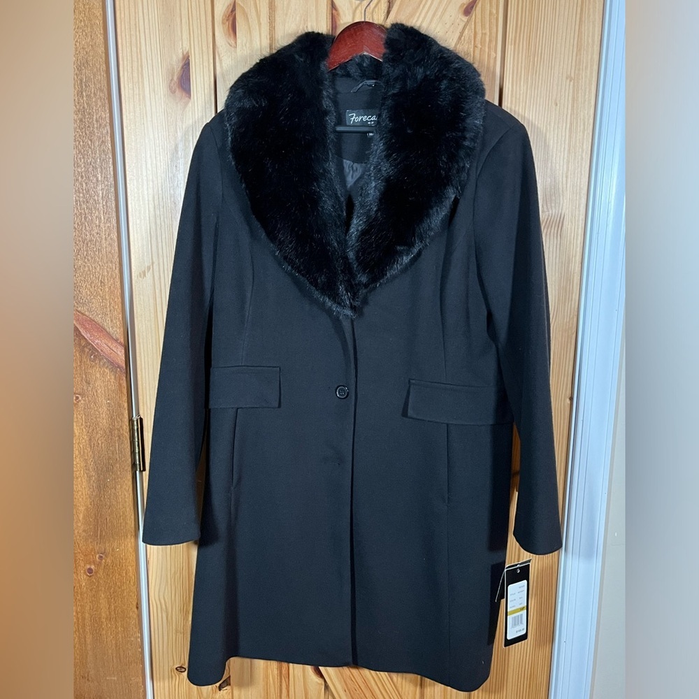 NWT Vintage Forecaster of Boston Black Faux Fur Collar Wool Blend Coat Size 14P